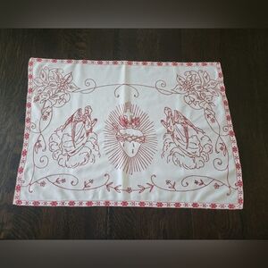 Antique Hand Embroidered Red/White Austrian Catholic Church Altar Linen $72